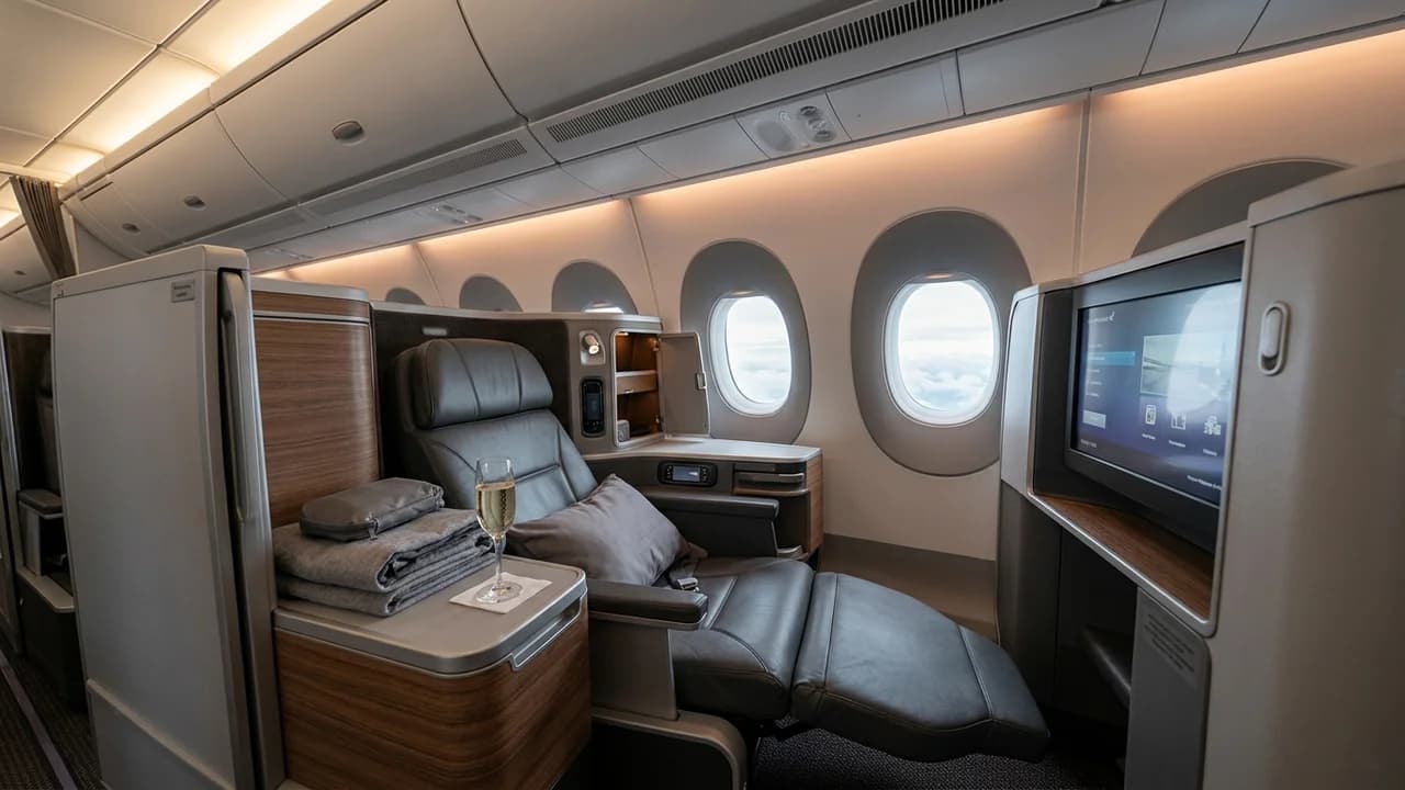 Saudia business class cabin with lie-flat suite and premium amenities
