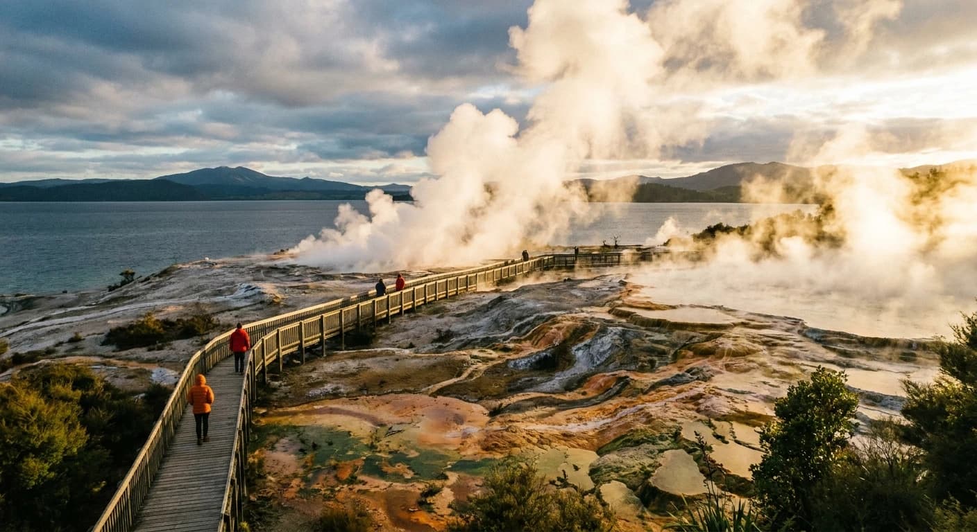 Geothermal steam rising near Rotorua's lakeside setting