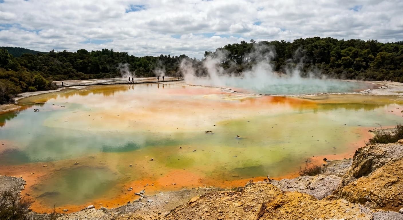 Colorful geothermal pool with steam rising at Wai-O-Tapu