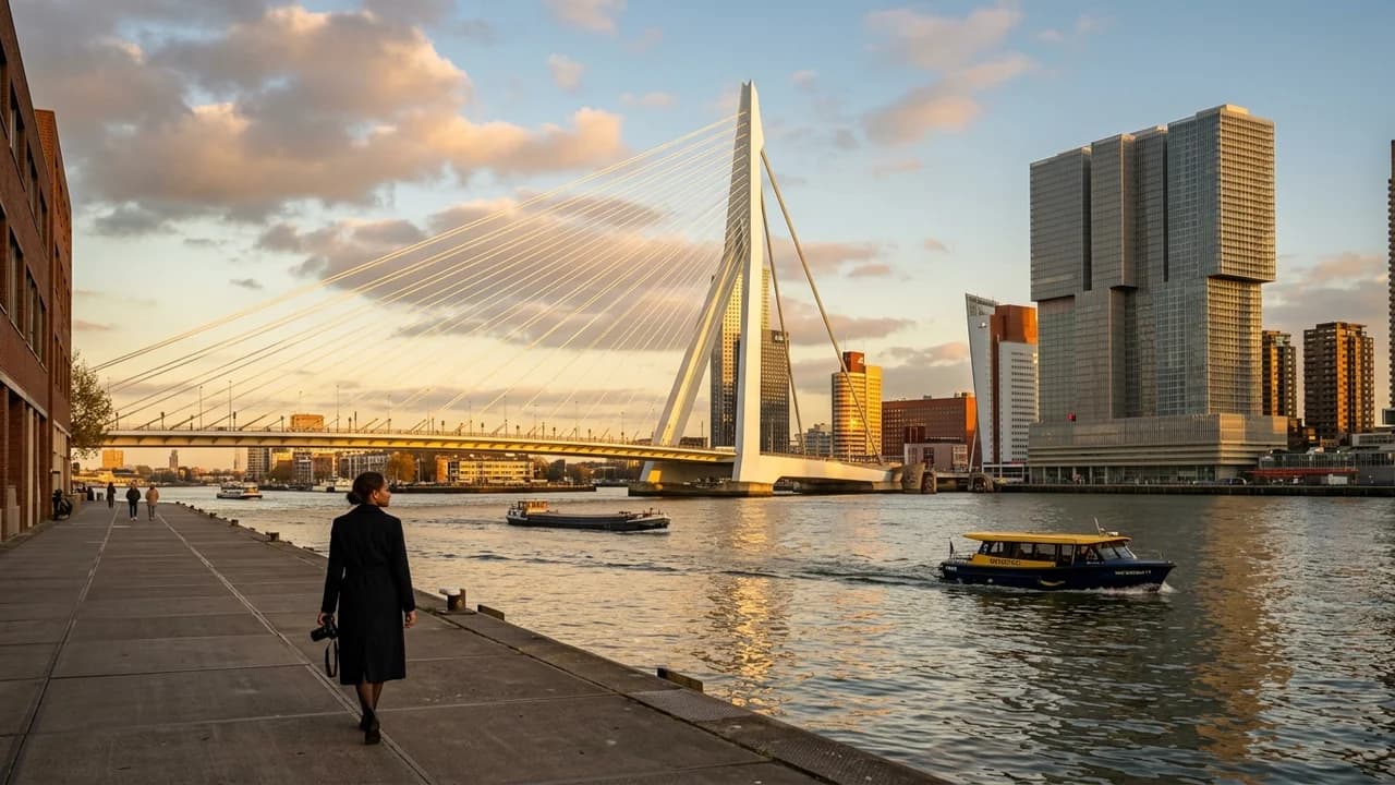 Iconic landmark in Rotterdam, the Netherlands at golden hour