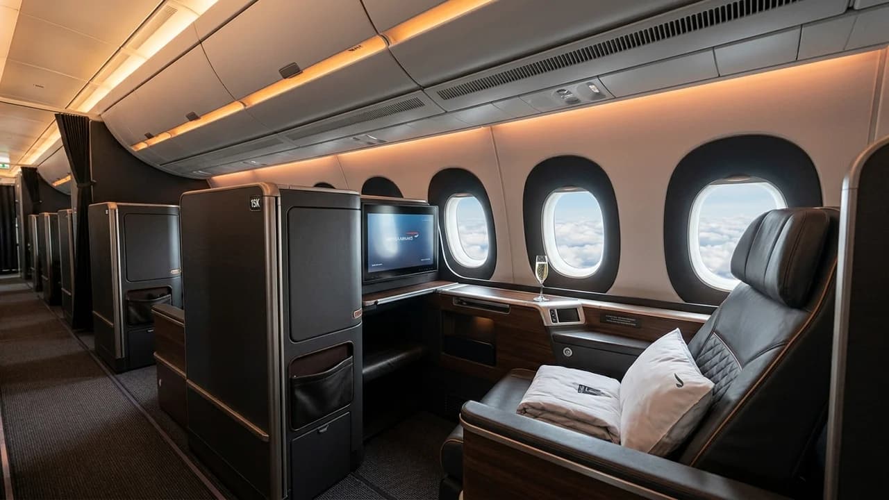 British Airways business class cabin with lie-flat suite and premium amenities