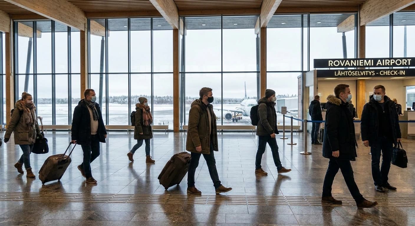 Rovaniemi Airport terminal in Finnish Lapland with snow-covered surroundings