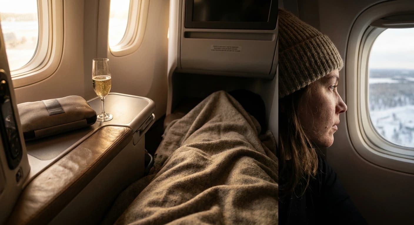 Finnair business class cabin with lie-flat seat and Nordic premium amenities