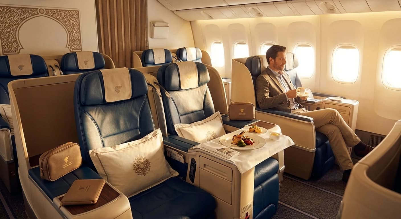 Oman Air business class cabin with premium amenities