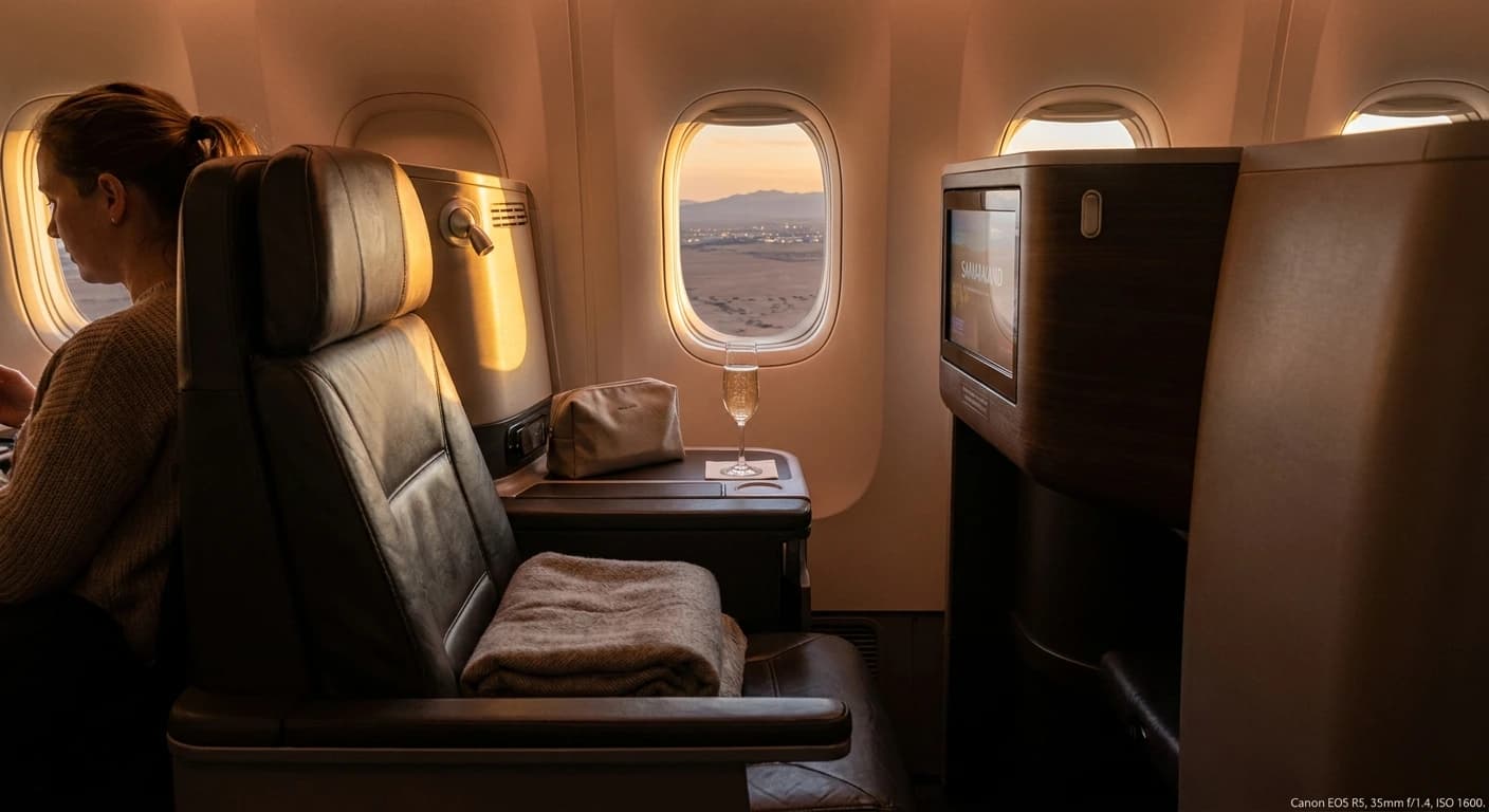 Turkish Airlines business class lie-flat seat with premium amenities and dining service