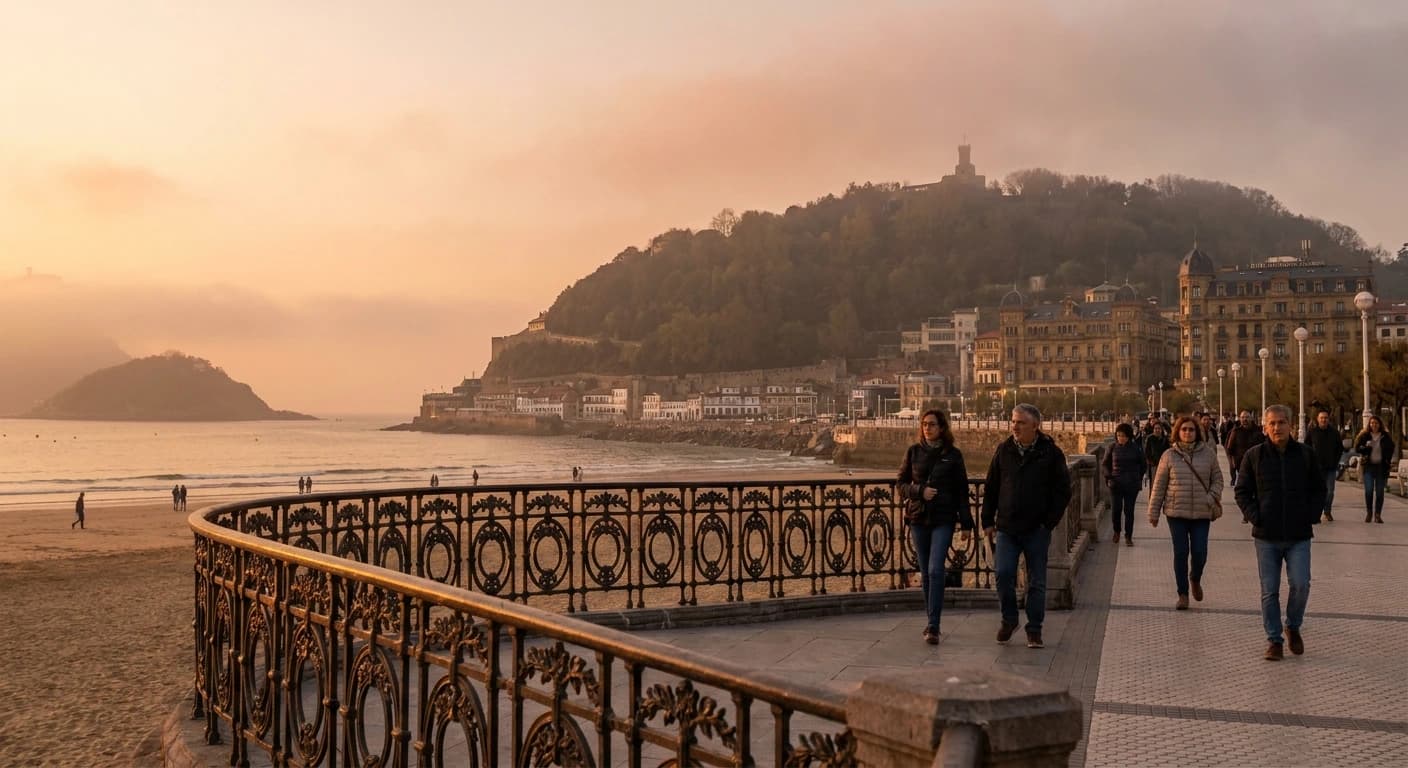 La Concha Bay panorama at golden hour with Belle Époque promenade and Atlantic coastline