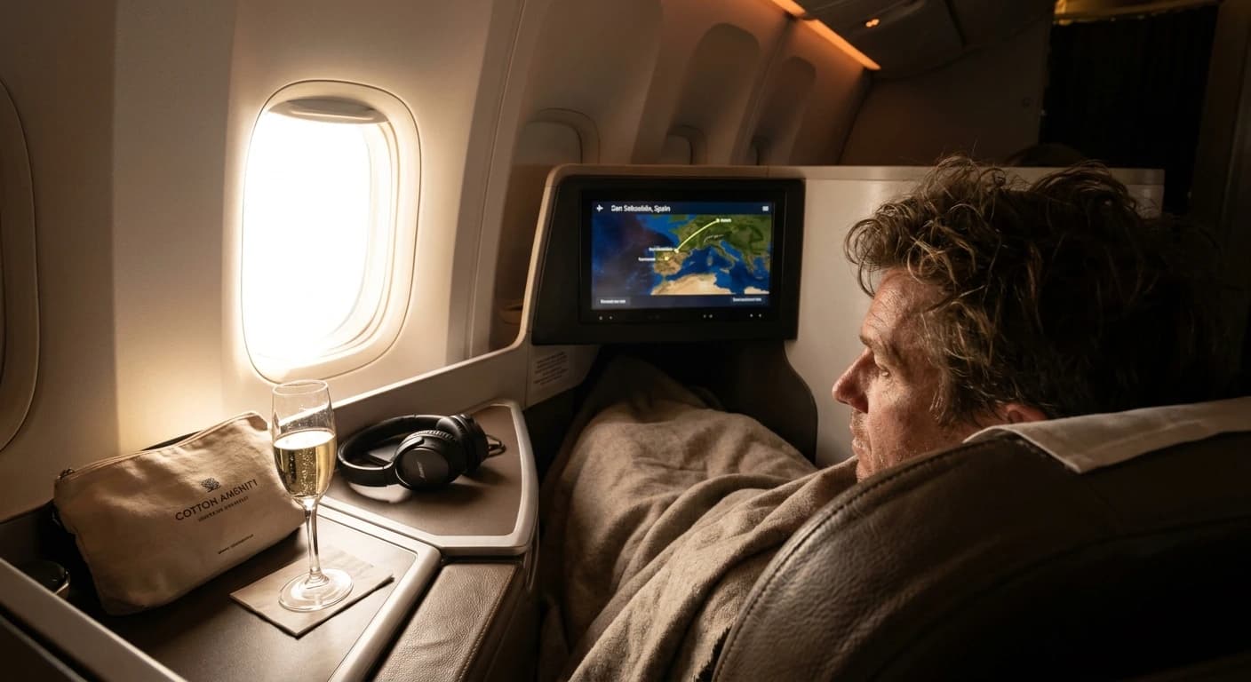 Iberia business class lie-flat cabin with premium Spanish dining service