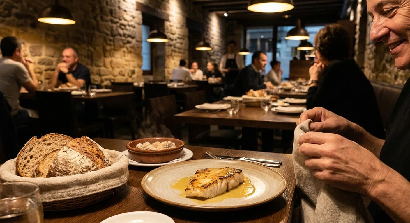 Elegant Basque fine dining with artistic pintxos presentation and Txakoli wine service