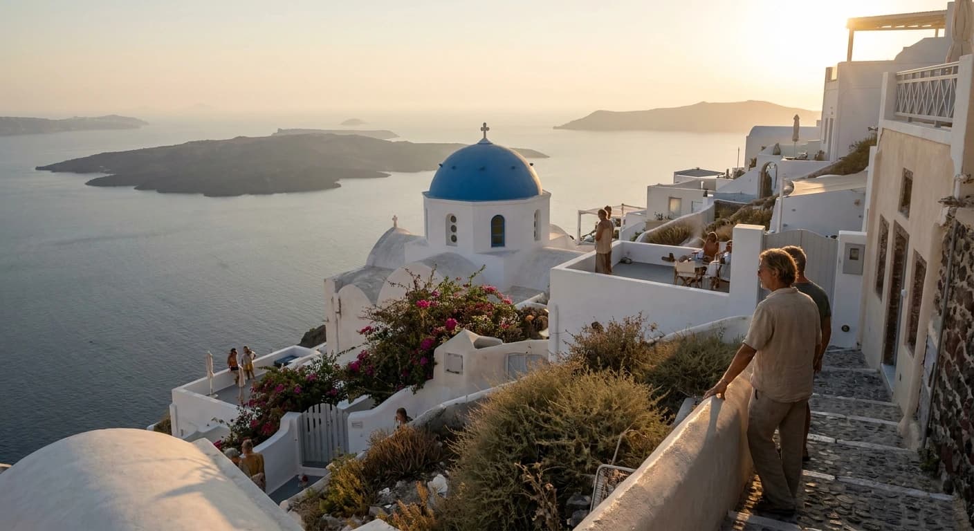 Iconic blue-domed churches of Oia village overlooking the Santorini caldera at golden hour