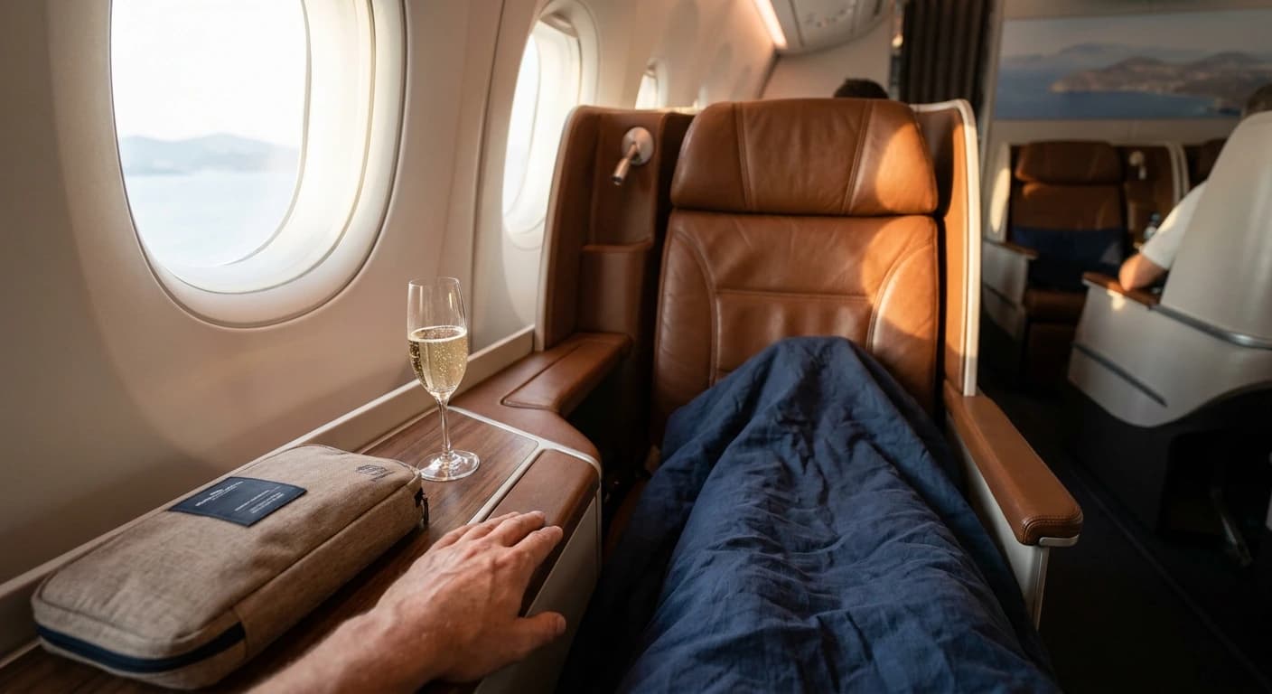 Lie-flat business class suite with premium bedding and dining service on transatlantic flight to Greece