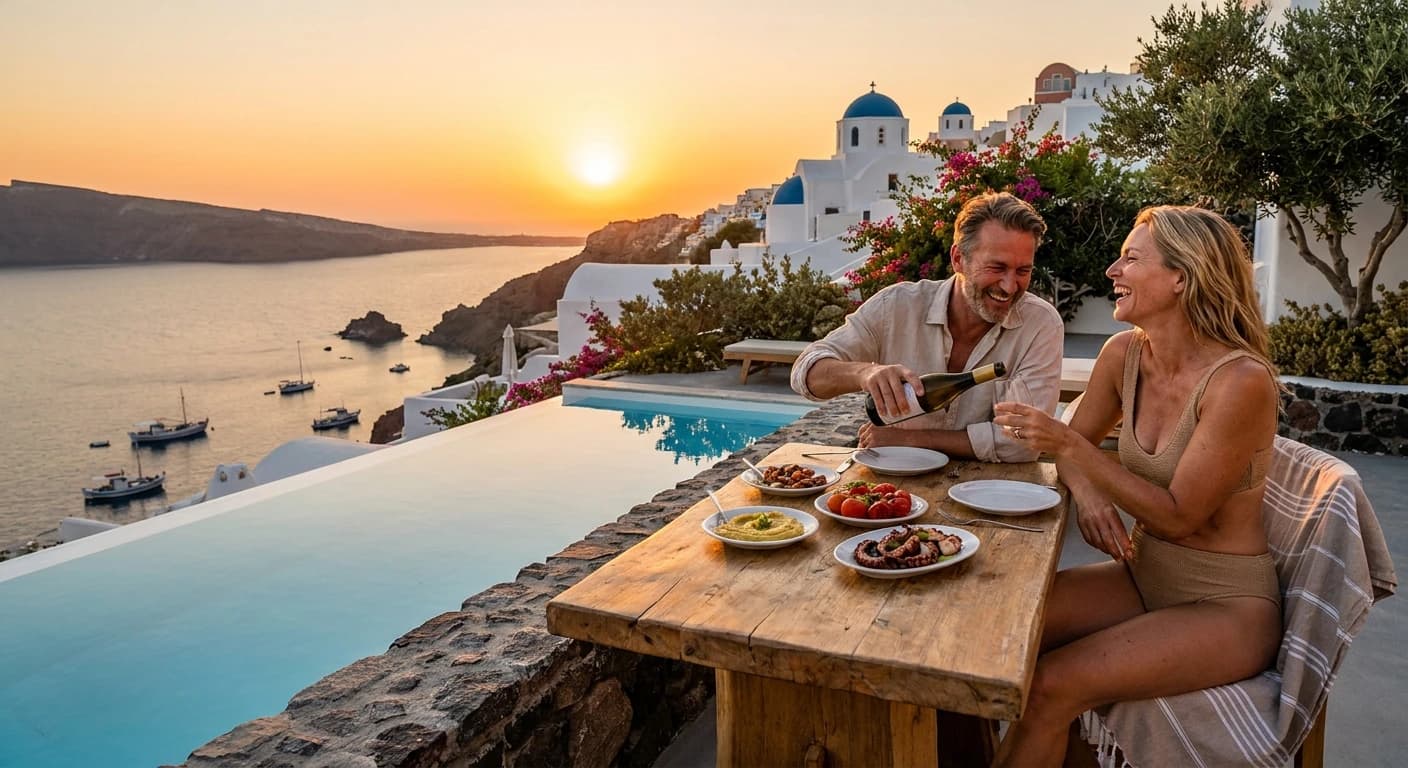 Luxury infinity pool suite carved into the Santorini caldera cliff with Aegean Sea views