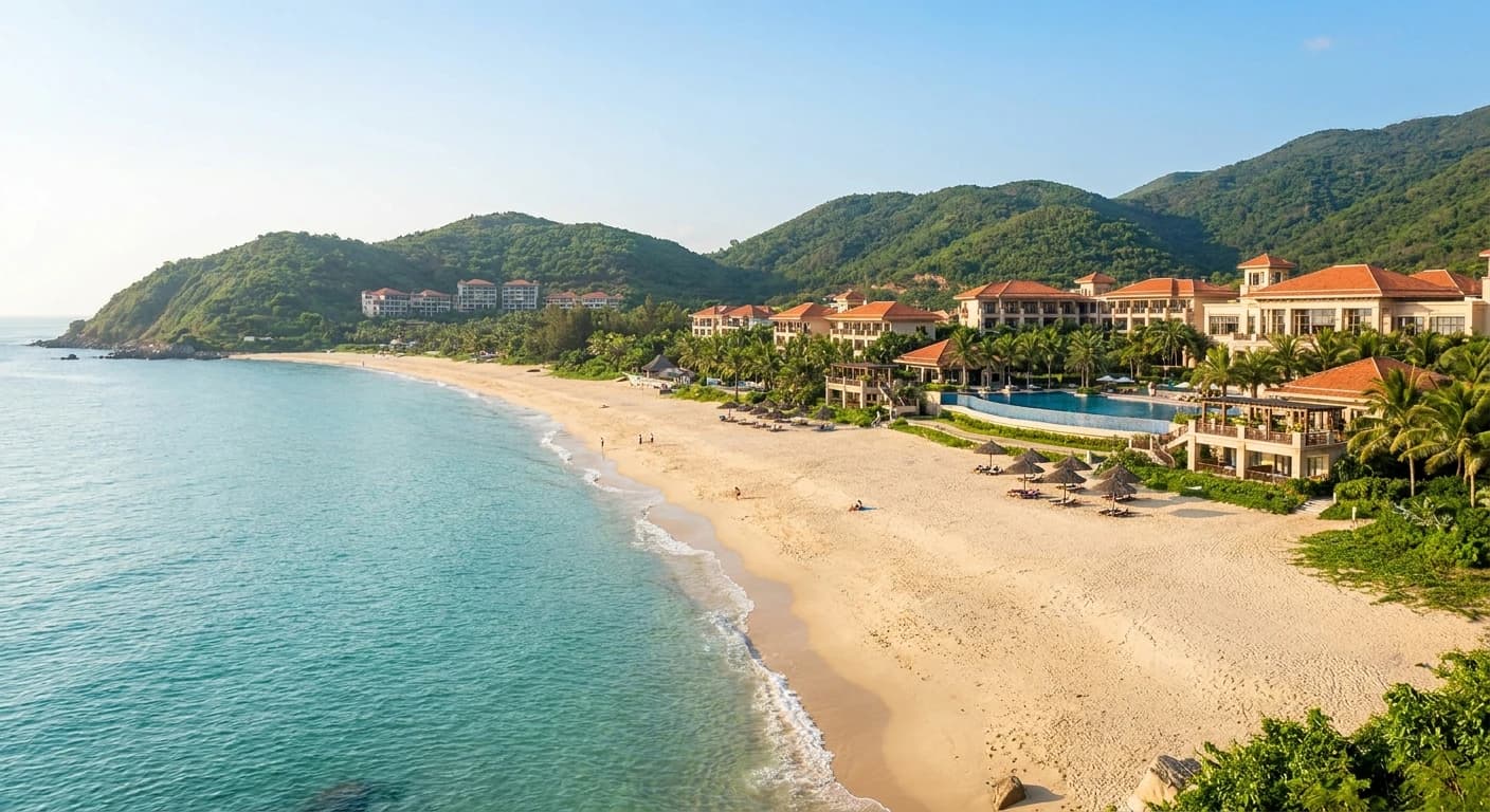 Yalong Bay crescent beach with luxury resort backdrop