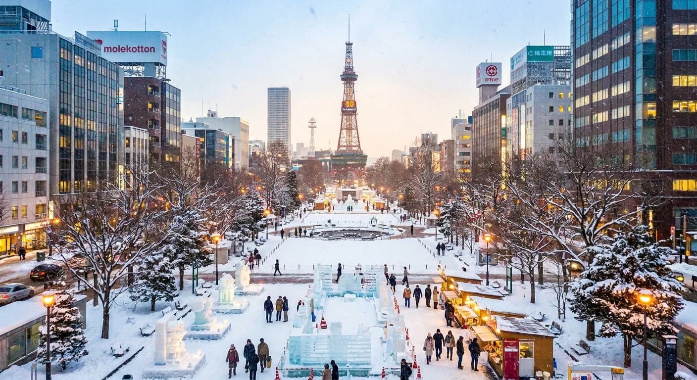 Snow-covered Sapporo cityscape with Odori Park in winter