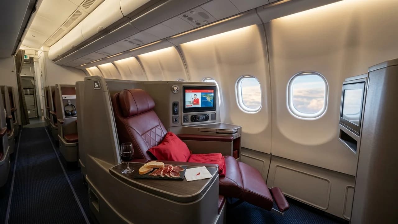 Iberia business class cabin with lie-flat suite and premium amenities