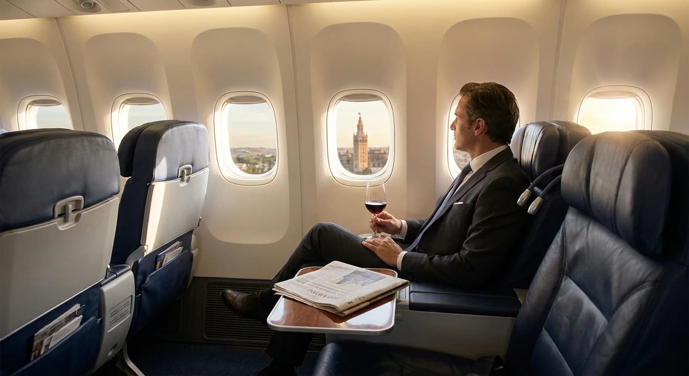 Business class cabin on flight to Seville