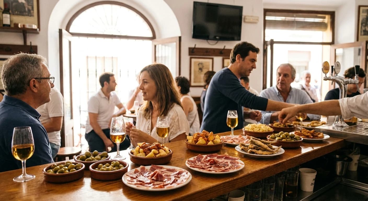 Traditional Seville tapas spread at a local bar