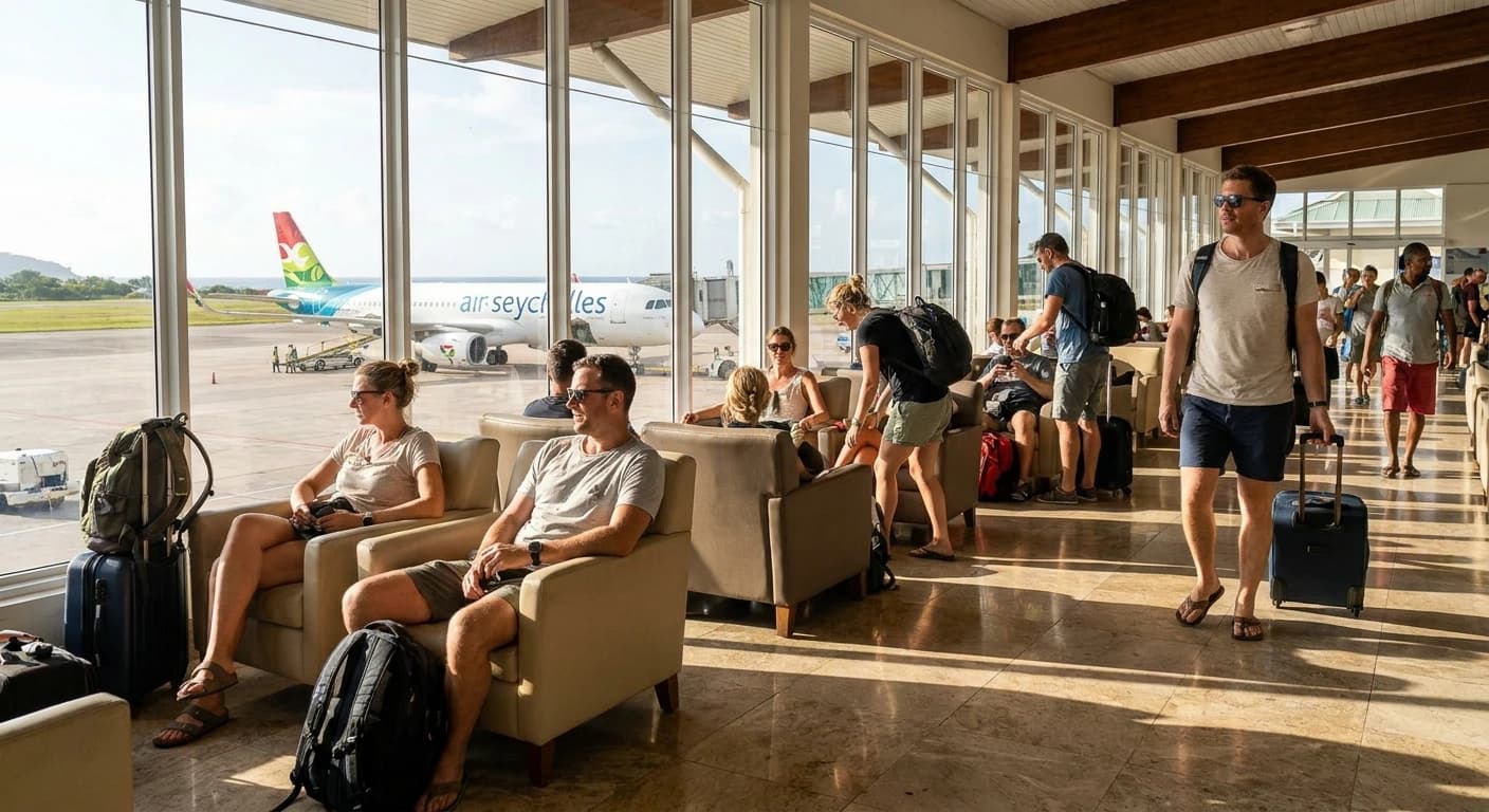 Seychelles International Airport terminal with tropical surroundings on Mahé island