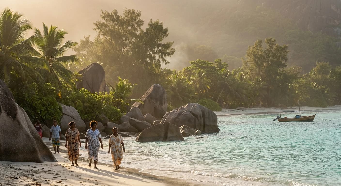 Anse Source d'Argent beach with iconic pink granite boulders and turquoise waters on La Digue