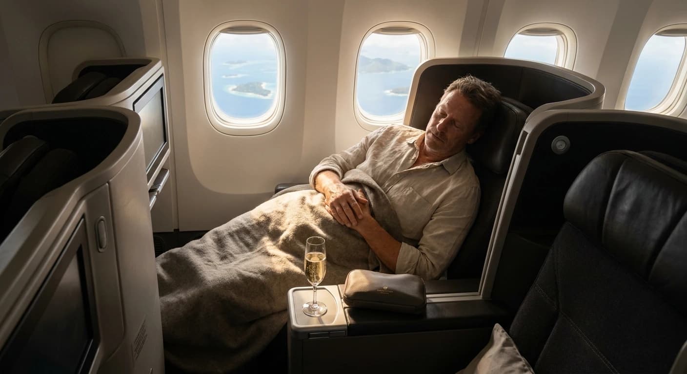 Qatar Airways Qsuite business class cabin with privacy doors and lie-flat bed