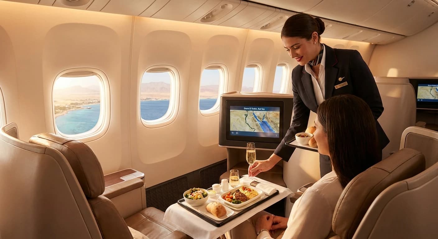 Business class cabin on a flight serving Sharm El Sheikh