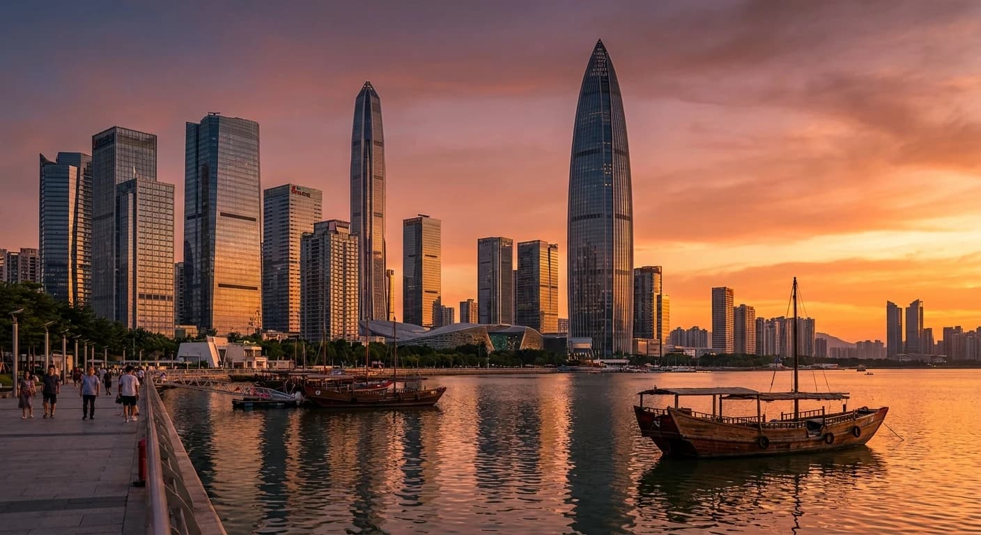 Shenzhen Bay waterfront skyline at sunset