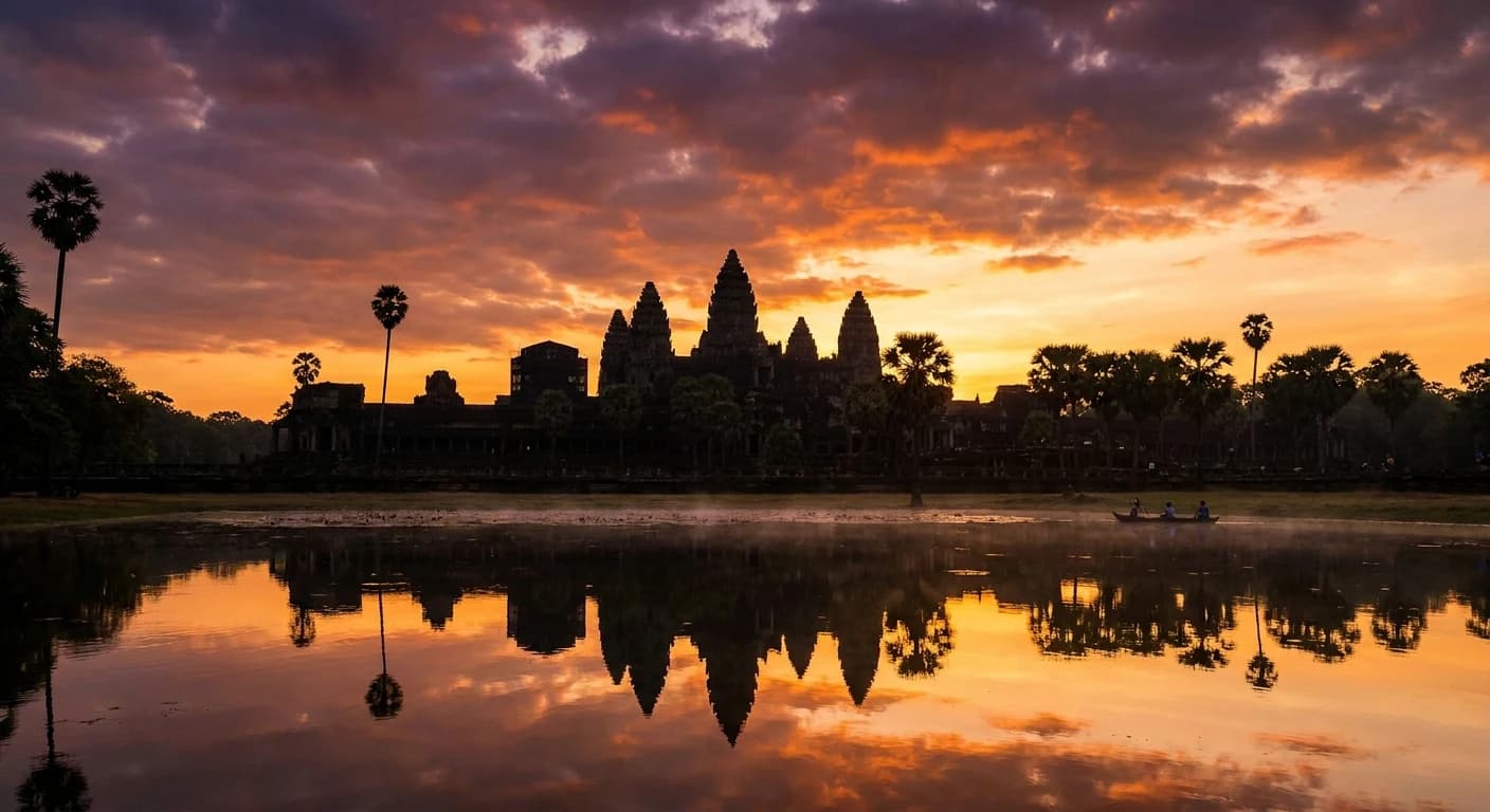 Sunrise silhouette of Angkor Wat reflected in the temple moat