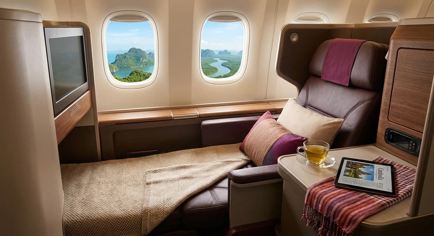 Business class cabin suite with lie-flat bed en route to Cambodia