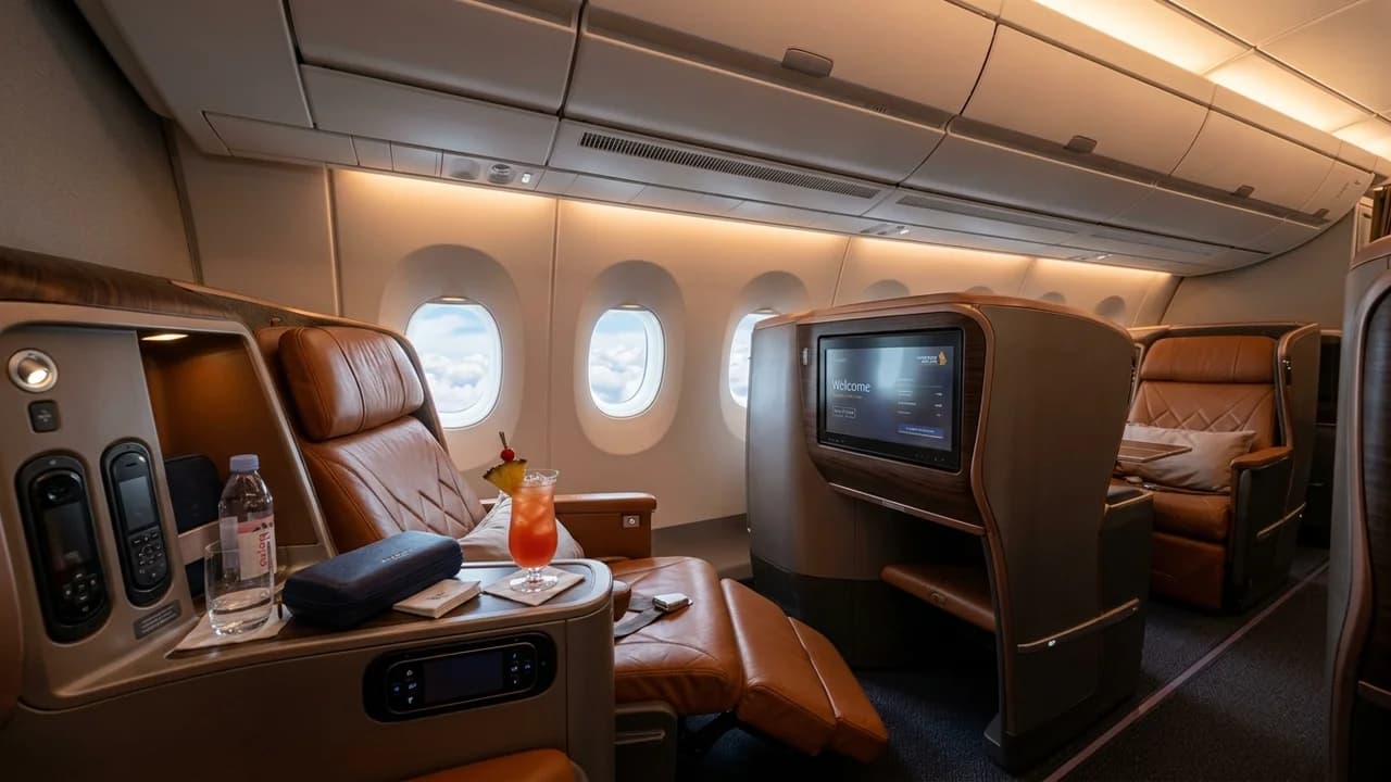 Singapore Airlines business class cabin with lie-flat suite and premium amenities
