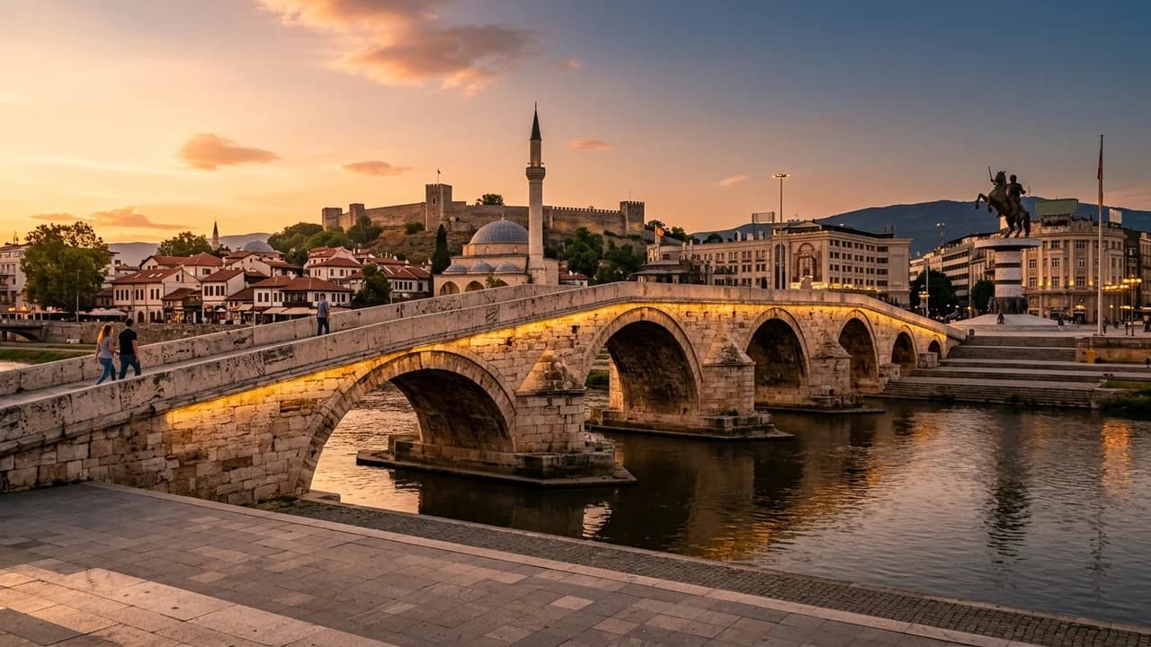 Iconic landmark in Skopje, North Macedonia at golden hour