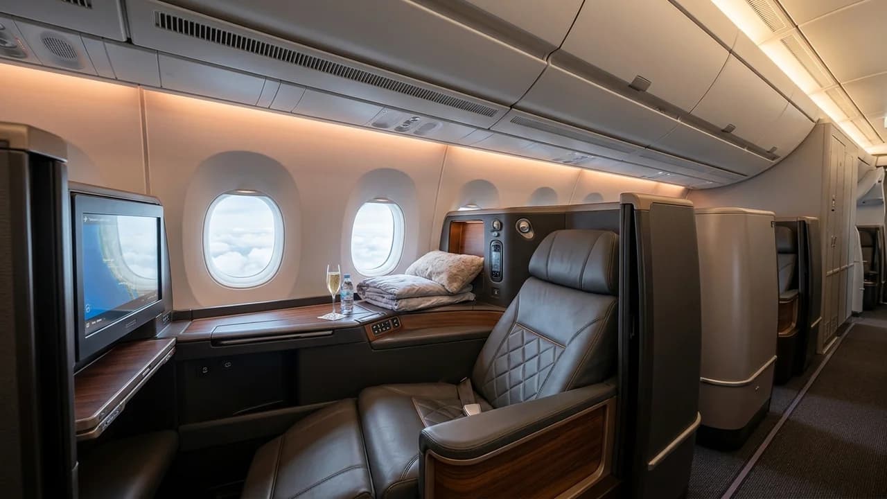 Austrian Airlines business class cabin with lie-flat suite and premium amenities