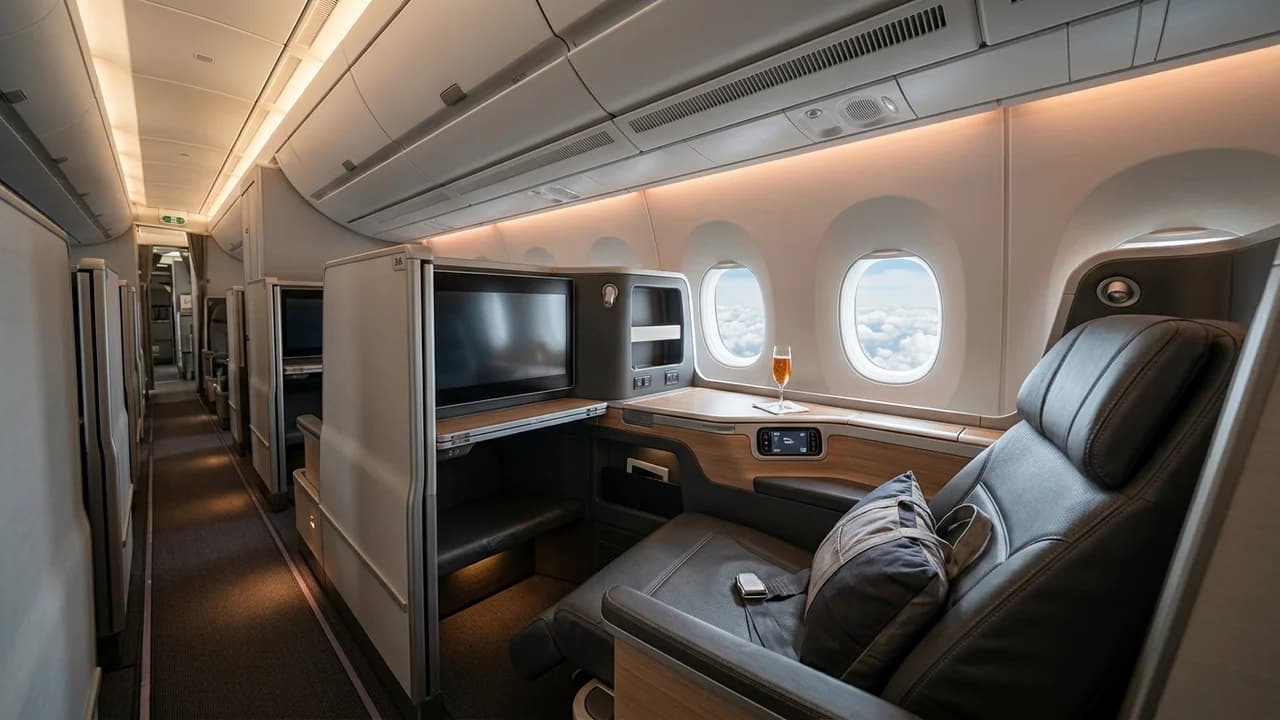 Bulgaria Air business class cabin with lie-flat suite and premium amenities