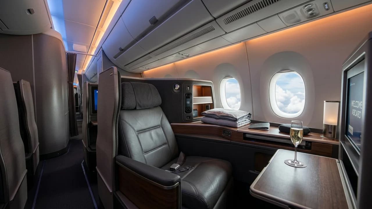 Croatia Airlines business class cabin with lie-flat suite and premium amenities