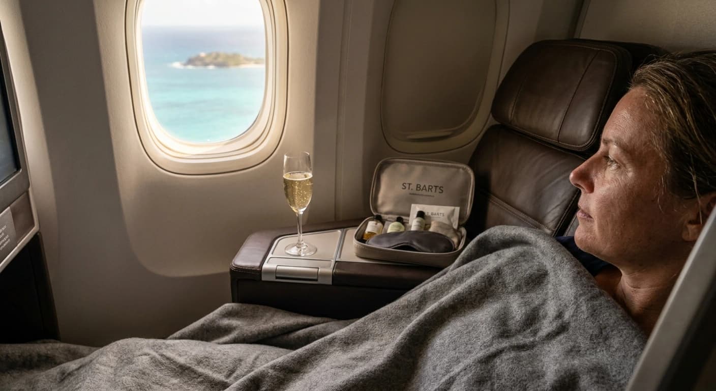 Premium business class cabin with lie-flat suite and luxury amenities