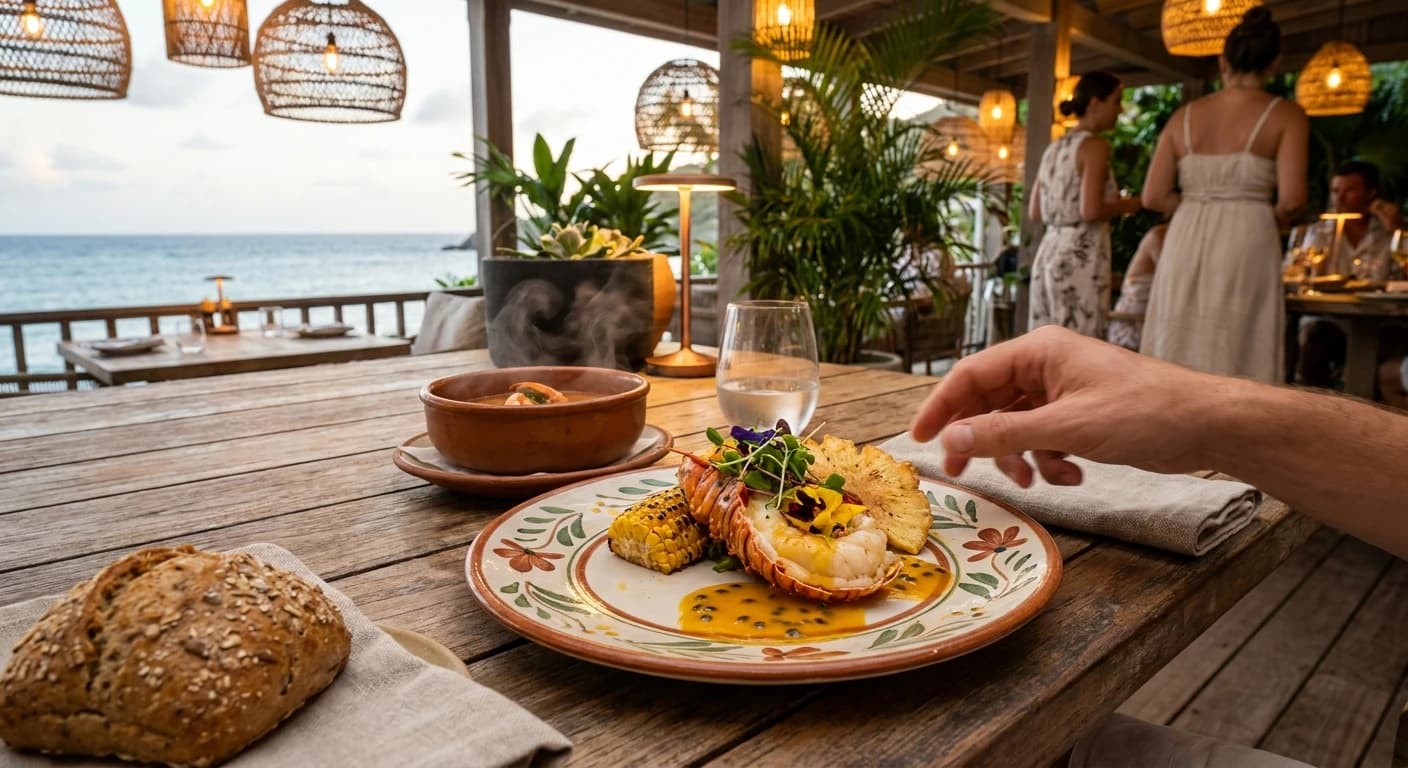 Elegant beachfront fine dining experience in St. Barts at sunset