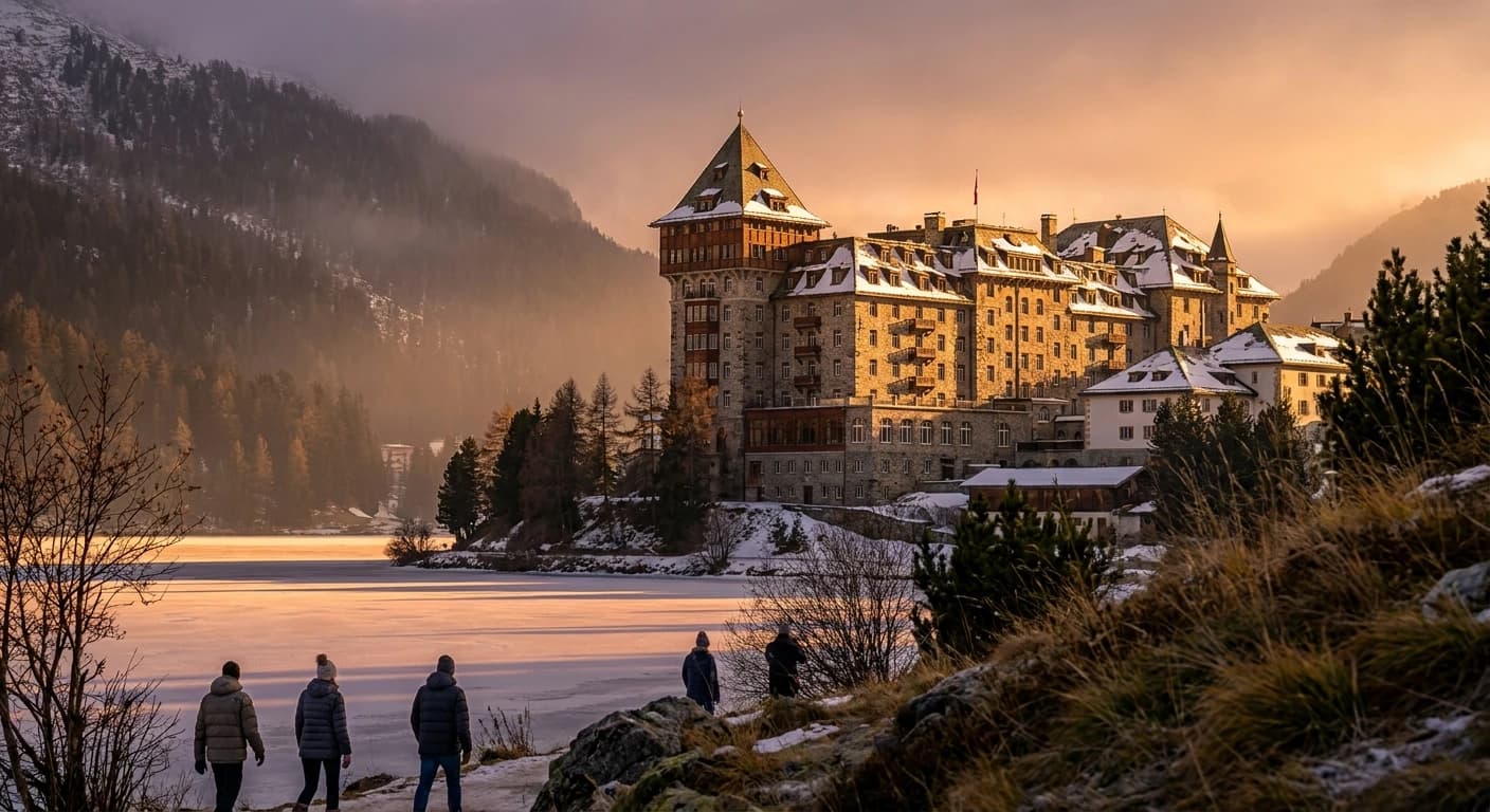 Iconic St. Moritz alpine landscape with frozen lake and snow-capped Engadine peaks
