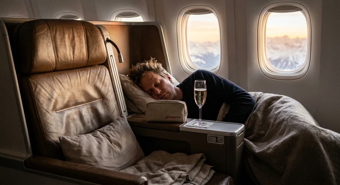SWISS Business Class cabin with lie-flat seat and premium Swiss amenities