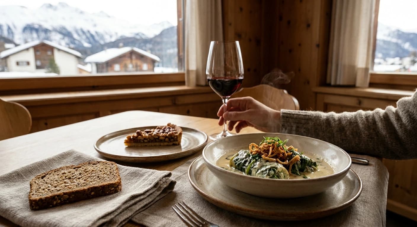 Refined alpine fine dining experience with mountain views in St. Moritz