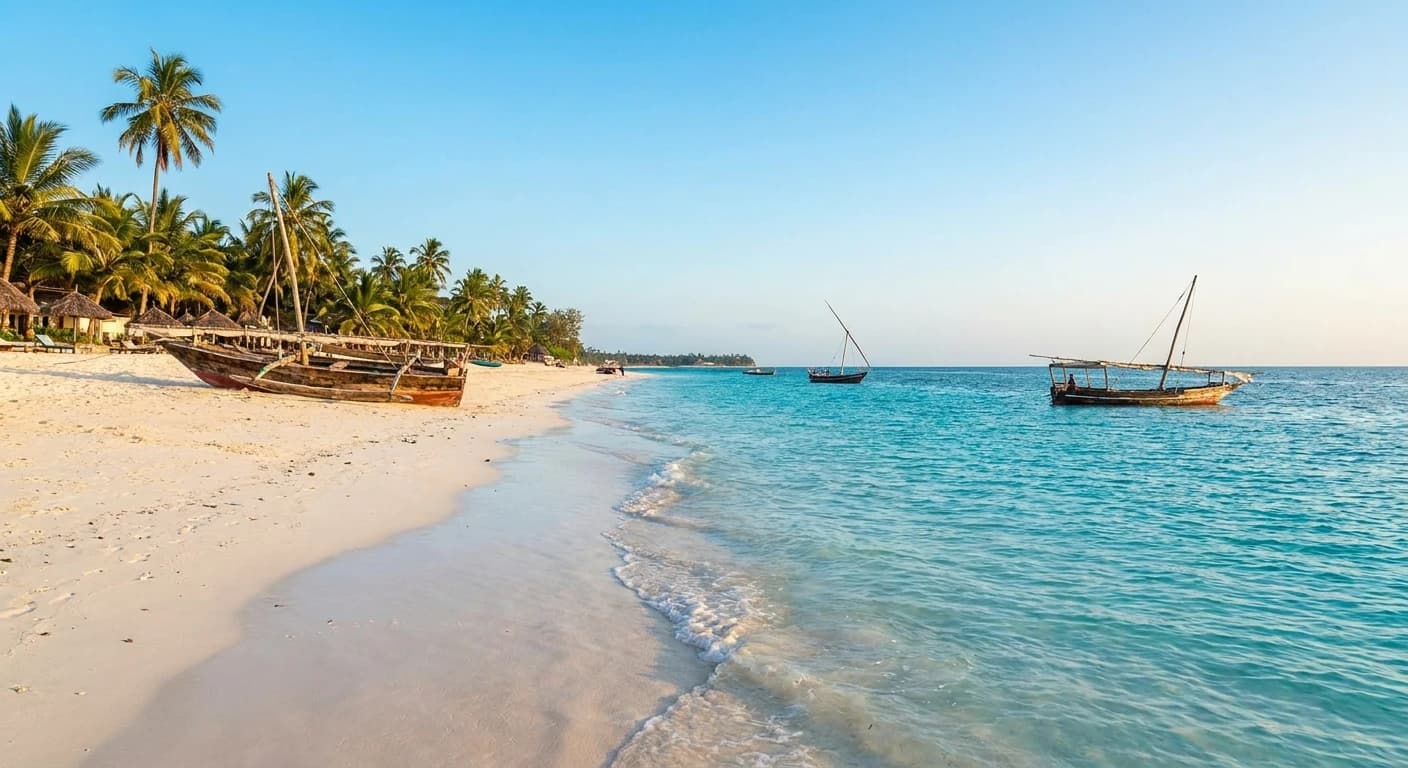 Turquoise waters and white sand beach on the coast of Zanzibar