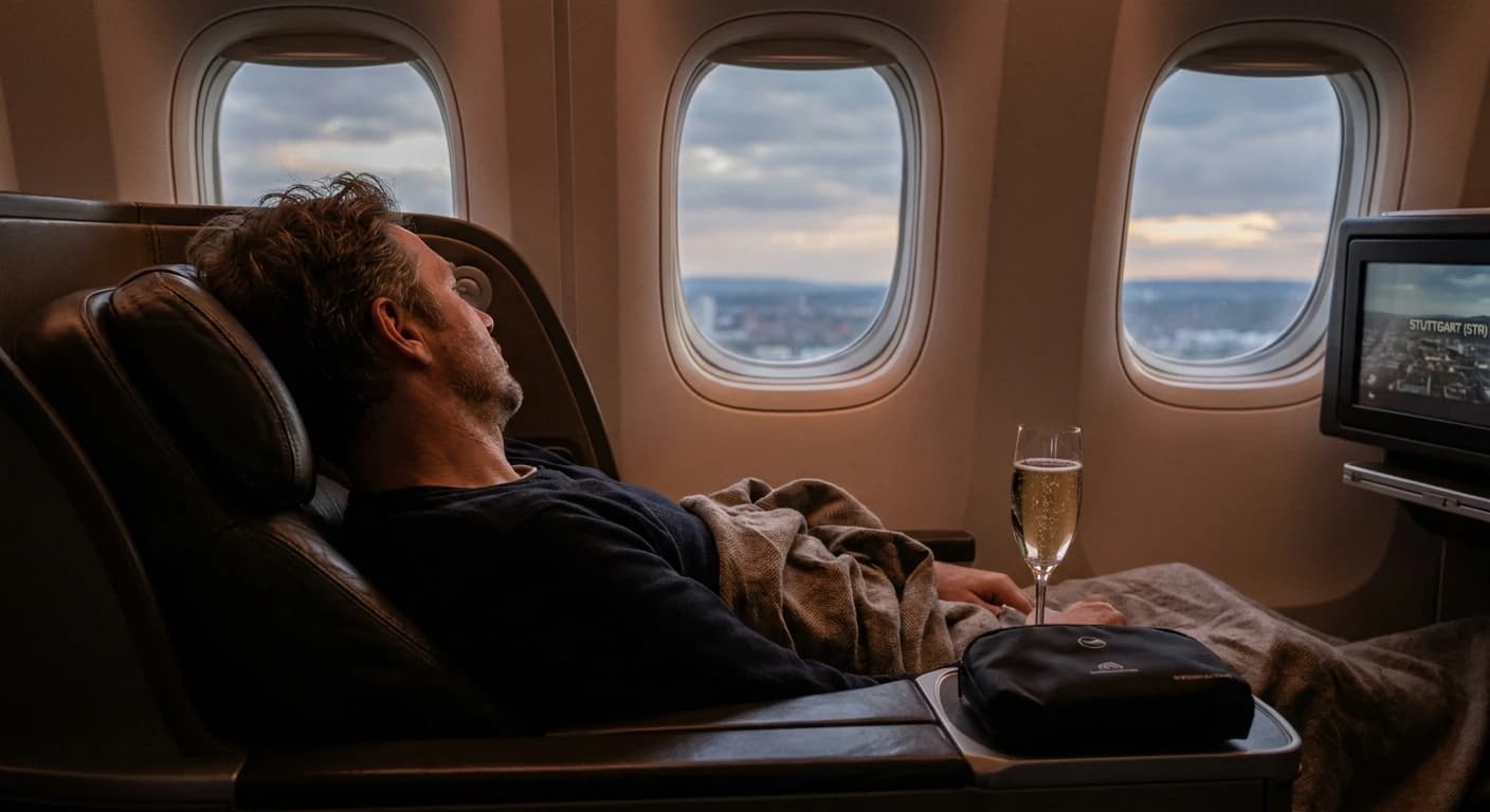 Lufthansa business class lie-flat seat with premium amenity kit and cabin lighting