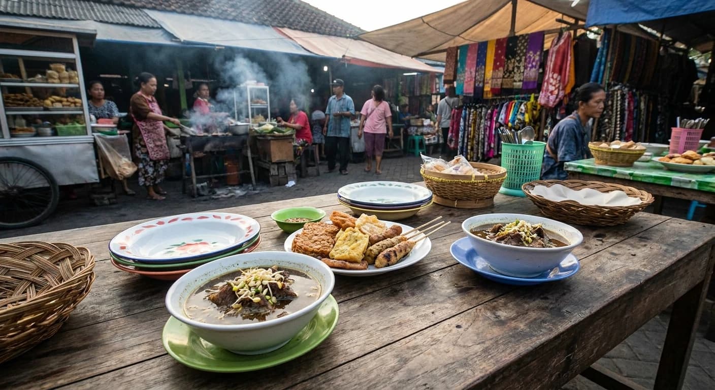 Traditional East Javanese cuisine showcasing rawon and local street food specialties