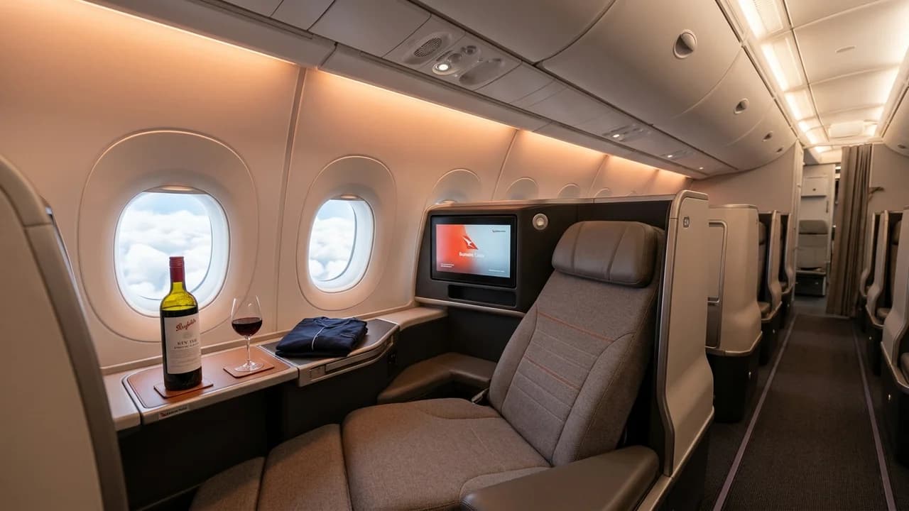 Qantas business class cabin with lie-flat suite and premium amenities