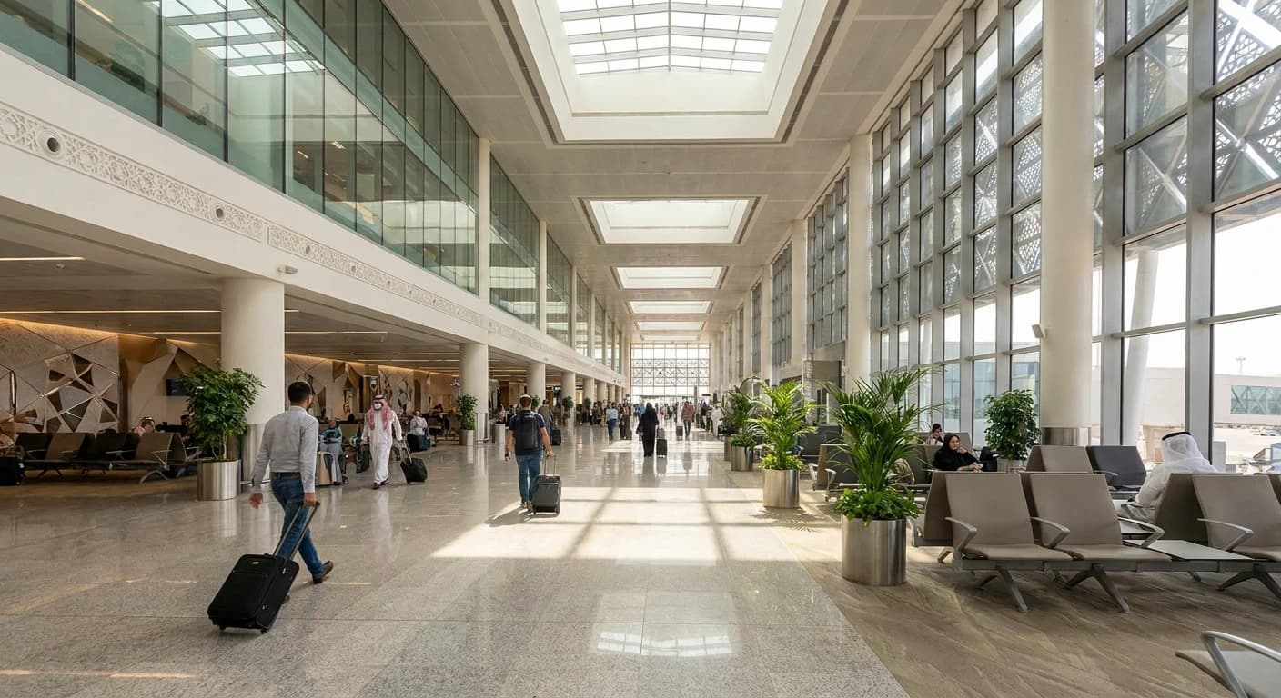 Modern terminal interior at Prince Sultan bin Abdulaziz Airport in Tabuk