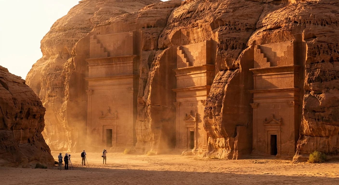 Ancient Nabataean rock-cut tombs at Hegra archaeological site near Tabuk at golden hour