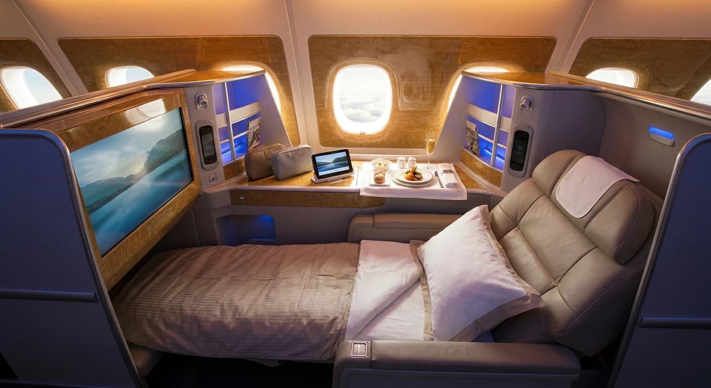 Emirates business class lie-flat suite with premium amenities and mood lighting