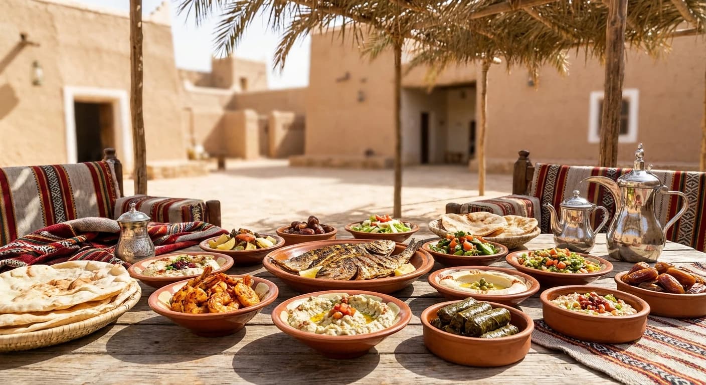 Traditional Saudi Arabian mezze spread with fresh seafood and regional specialties