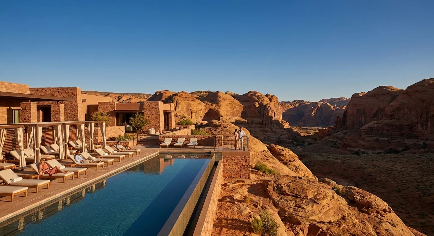 Luxury desert resort with panoramic views of sandstone canyon landscape near AlUla