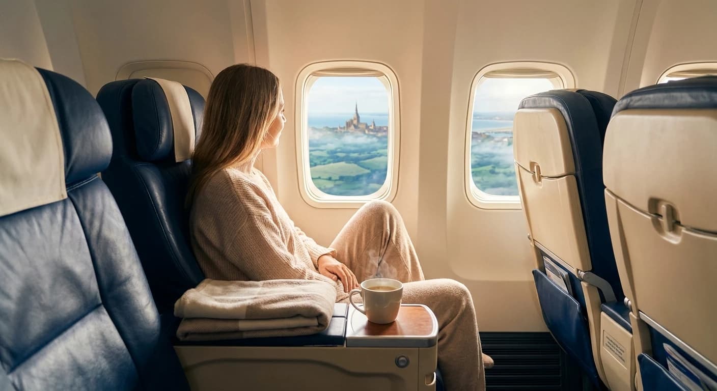 Business class cabin on flight to Tallinn