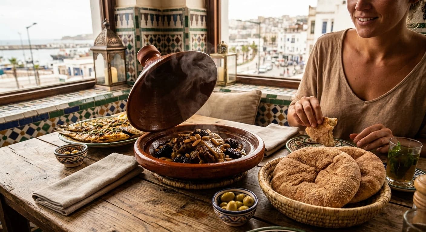 Traditional Moroccan cuisine spread with tagine, mint tea, and fresh bread in a Tangier riad setting