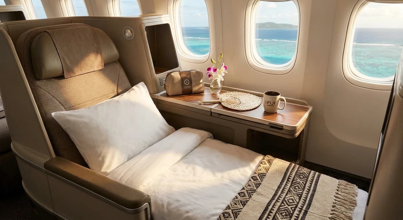 Fiji Airways Tabua Class lie-flat business class cabin with premium Fijian amenities