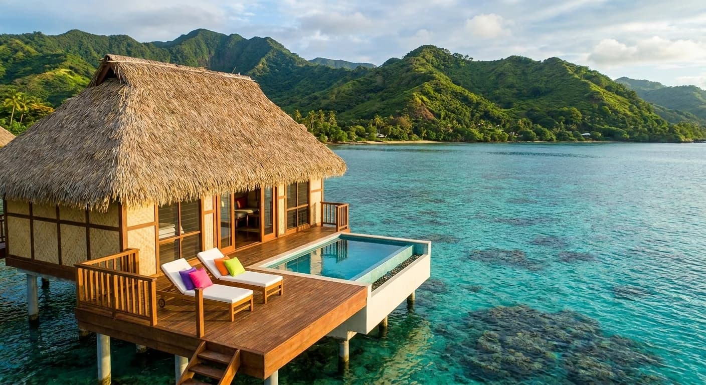 Luxury overwater bure and tropical lagoon at a premium Taveuni resort